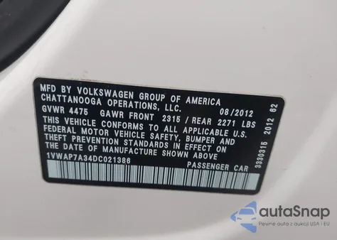 2013 Volkswagen Passat S z USA, uszkodzony, nr VIN 1VWAP7A34DC021386